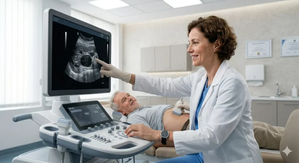 Bezbolestné ultrazvukové vyšetření břicha při screeningu výdutě aorty.Bezbolestné ultrazvukové vyšetření břicha při screeningu výdutě aorty.